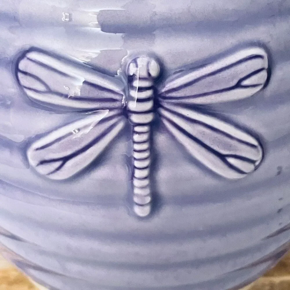 NWT RARE Teleflora Dragonfly Bouquet Pitcher Flower Vase Purple 6” Stoneware